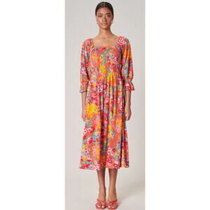 Sugar Lips Francesca Vibrant Wildflower Denni Smocked Midi Dress‎ Size Small